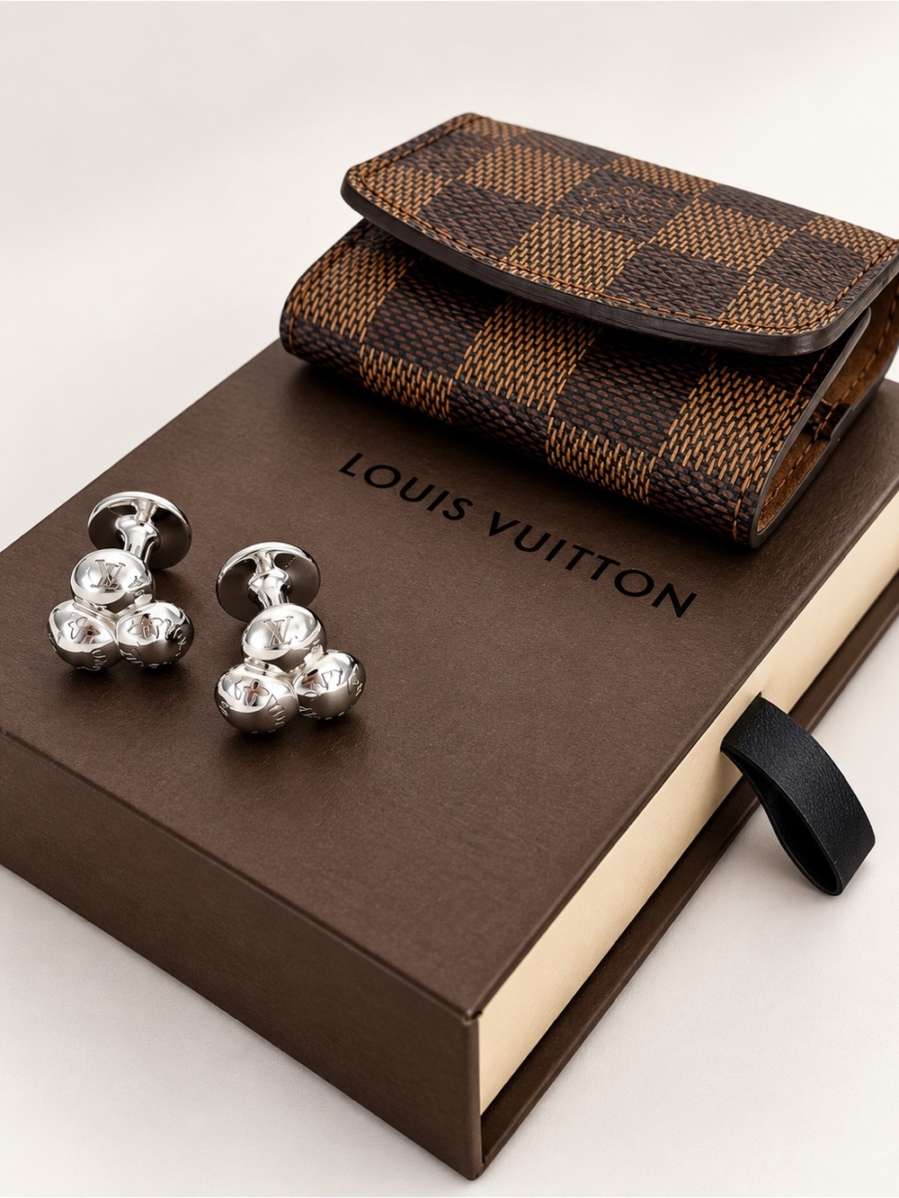 Louis Vuitton Sterling Silver 925 Nail Rivet Cufflinks w/ Damier Case & Box